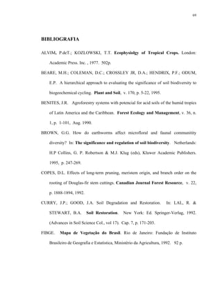 69




BIBLIOGRAFIA

ALVIM, P.deT.; KOZLOWSKI, T.T. Ecophysiolgy of Tropical Crops. London:

    Academic Press. Inc. , 1977. 502p.

BEARE, M.H.; COLEMAN, D.C.; CROSSLEY JR, D.A.; HENDRIX, P.F.; ODUM,

    E.P. A hierarchical approach to evaluating the significance of soil biodiversity to

    biogeochemical cycling. Plant and Soil, v. 170, p. 5-22, 1995.

BENITES, J.R. Agroforestry systems with potencial for acid soils of the humid tropics

    of Latin America and the Caribbean. Forest Ecology and Management, v. 36, n.

    1, p. 1-101, Aug. 1990.

BROWN, G.G. How do earthworms affect microfloral and faunal communitity

    diversity? In: The significance and regulation of soil biodiversity. Netherlands:

    H.P Collins, G. P. Robertson & M.J. Klug (eds), Kluwer Academic Publishers.

    1995, p. 247-269.

COPES, D.L. Effects of long-term pruning, meristem origin, and branch order on the

    rooting of Douglas-fir stem cuttings. Canadian Journal Forest Resource, v. 22,

    p. 1888-1894, 1992.

CURRY, J.P.; GOOD, J.A. Soil Degradation and Restoration.              In: LAL, R. &

    STEWART, B.A.         Soil Restoration.   New York: Ed. Springer-Verlag, 1992.

    (Advances in Soil Science Col., vol 17). Cap. 7, p. 171-203.

FIBGE.    Mapa de Vegetação do Brasil. Rio de Janeiro: Fundação de Instituto

    Brasileiro de Geografia e Estatística, Ministério da Agricultura, 1992. 92 p.
 