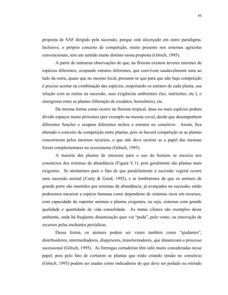 84




proposta de SAF dirigido pela sucessão, porque está alicerçado em outro paradigma.
Inclusive, o próprio conceito de competição, muito presente nos sistemas agrícolas
convencionais, tem um sentido muito distinto nessa proposta (Götsch, 1995).
       A partir de inúmeras observações de que, na floresta existem árvores enormes de
espécies diferentes, ocupando estratos diferentes, que convivem saudavelmente uma ao
lado da outra, quase que no mesmo local, presume-se que para que não haja competição
é preciso acertar na combinação das espécies, respeitando os estratos de cada planta, sua
relação com as outras na sucessão, suas exigências ambientais (luz, nutrientes, etc.), o
sinergismo entre as plantas (liberação de exudatos, hormônios), etc.
       Da mesma forma como ocorre na floresta tropical, duas ou mais espécies podem
dividir espaços muito próximos (por exemplo na mesma cova), desde que desempenhem
diferentes funções e ocupem diferentes nichos e estratos no consórcio. Assim, fica
alterado o conceito de competição entre plantas, pois só haverá competição se as plantas
concorrerem pelos mesmos recursos, o que não deve ocorrer se o papel das mesmas
forem complementares no ecossistema (Götsch, 1995).
       A maioria das plantas de interesse para o uso do homem se encaixa nos
consórcios dos sistemas de abundância (Figura V.1), pois geralmente são plantas mais
exigentes. Se atentarmos para o fato de que paralelamente à sucessão vegetal ocorre
uma sucessão animal (Curry & Good, 1992), e se lembrarmos de que os animais de
grande porte são mantidos por sistemas de abundância, já avançados na sucessão, então
poderemos encaixar a espécie humana como dependente de sistemas ricos em recursos,
com capacidade de suportar animais e plantas exigentes, ou seja, sistemas com grande
qualidade e quantidade de vida consolidada. As matas ciliares são exemplos desse
ambiente, onde há freqüente dinamização quer via “poda”, pelo vento, ou renovação de
recursos pelas enchentes periódicas.
       Dessa forma, os animais podem ser vistos também como “ajudantes”,
distribuidores, intermediadores, dispersores, transformadores, que dinamizam o processo
sucessional (Götsch, 1995). As formigas cortadeiras têm sido muito consideradas nesse
papel, pois pelo fato de cortarem as plantas que estão criando tensão no consórcio
(Götsch, 1995) podem ser usadas como indicadoras do que deve ser podado ou retirado
 