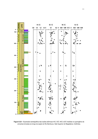 80
Figura 5.23 – Expressão estratigráfica das razões atômicas H/C, O/C, N/C e S/C medidas no querogênio de
amostras tomadas ao longo da seção do Rio Bambuca, Vale Superior do Magdalena, Colômbia.
0
100
200
300
Albiano
Caba-
llos
Fm.Tetuan
400
500
600
700
m
CenomanianoTuron./Coniac.San.CRONO
LITO
Fm.Bambuca
GrupoVilleta
Fm.LaLuna
Olini
0,8 1,0 1,2 1,4 0 0,03 0,06 0,090 0,04 0,08 0,120 0,1 0,2
H / C O / C S / CN / C
 