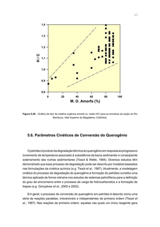 83
Figura 5.26 – Gráfico de teor de matéria orgânica amorfa vs. razão H/C para as amostras da seção do Rio
Bambuca, Vale Superior do Magdalena, Colômbia.
H/C
0,8
0,9
1,0
1,1
1,2
1,3
1,4
0 20 40 60 80 100
M. O. Amorfa (%)
5.6. Parâmetros Cinéticos de Conversão do Querogênio
Opetróleoéprodutodadegradaçãotérmicadoquerogênioemrespostaaoprogressivo
incremento de temperatura associado à subsidência da bacia sedimentar e conseqüente
soterramento das rochas sedimentares (Tissot  Welte, 1984). Diversos estudos têm
demonstrado que esse processo de degradação pode ser descrito por modelos baseados
nas formulações da cinética química (e.g. Tissot et al., 1987). Atualmente, a modelagem
cinética do processo de degradação do querogênio e formação do petróleo constitui uma
técnica aplicada de forma rotineira nos estudos de sistemas petrolíferos para a definição
do grau de sincronismo entre o processo de carga de hidrocarbonetos e a formação de
trapas (e.g. Gonçalves et al., 2000 e 2002).
Em geral, o processo de conversão do querogênio em petróleo é descrito como uma
série de reações paralelas, irreversíveis e independentes de primeira ordem (Tissot et
al., 1987). Nas reações de primeira ordem, aquelas nas quais um único reagente gera
 