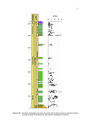 98
Figura 5.35 – Expressão estratigráfica dos teores de enxofre total (S) determinados em amostras tomadas
ao longo da seção do Rio Bambuca, Vale Superior do Magdalena, Colômbia.
S (%)
0
100
200
300
Albiano
Caba-
llos
Fm.Tetuan
400
500
600
700
m
CenomanianoTuron./Coniac.San.CRONO
LITO
Fm.Bambuca
GrupoVilleta
Fm.LaLuna
Olini
0 1 2
8,39%
3 4
9,18%
 