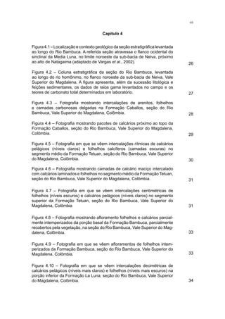 Figura 4.2 – Coluna estratigráfica da seção do Rio Bambuca, levantada
ao longo do rio homônimo, no flanco noroeste da sub-bacia de Neiva, Vale
Superior do Magdalena. A figura apresenta, além da sucessão litológica e
feições sedimentares, os dados de raios gama levantados no campo e os
teores de carbonato total determinados em laboratório.
Figura4.1–Localizaçãoecontextogeológicodaseçãoestratigráficalevantada
ao longo do Rio Bambuca. A referida seção atravessa o flanco ocidental do
sinclinal da Media Luna, no limite noroeste da sub-bacia de Neiva, próximo
ao alto de Natagaima (adaptado de Vargas et al., 2002).
Capítulo 4
Figura 4.4 – Fotografia mostrando pacotes de calcários próximo ao topo da
Formação Caballos, seção do Rio Bambuca, Vale Superior do Magdalena,
Colômbia.
Figura 4.3 – Fotografia mostrando intercalações de arenitos, folhelhos
e camadas carbonosas delgadas na Formação Caballos, seção do Rio
Bambuca, Vale Superior do Magdalena, Colômbia.
Figura 4.6 – Fotografia mostrando camadas de calcário maciço intercalado
com calcários laminados e folhelhos no segmento médio da Formação Tetuan,
seção do Rio Bambuca, Vale Superior do Magdalena, Colômbia.
Figura 4.7 – Fotografia em que se vêem intercalações centimétricas de
folhelhos (níveis escuros) e calcários pelágicos (níveis claros) no segmento
superior da Formação Tetuan, seção do Rio Bambuca, Vale Superior do
Magdalena, Colômbia
Figura 4.5 – Fotografia em que se vêem intercalações rítmicas de calcários
pelágicos (níveis claros) e folhelhos calcíferos (camadas escuras) no
segmento médio da Formação Tetuan, seção do Rio Bambuca, Vale Superior
do Magdalena, Colômbia.
Figura 4.8 – Fotografia mostrando afloramento folhelhos e calcários parcial-
mente intemperizados da porção basal da Formação Bambuca, parcialmente
recobertos pela vegetação, na seção do Rio Bambuca, Vale Superior do Mag-
dalena, Colômbia.
Figura 4.9 – Fotografia em que se vêem afloramentos de folhelhos intem-
perizados da Formação Bambuca, seção do Rio Bambuca, Vale Superior do
Magdalena, Colômbia.
Figura 4.10 – Fotografia em que se vêem intercalações decimétricas de
calcários pelágicos (níveis mais claros) e folhelhos (níveis mais escuros) na
porção inferior da Formação La Luna, seção do Rio Bambuca, Vale Superior
do Magdalena, Colômbia.
26
27
28
29
30
31
31
33
33
34
xii
 