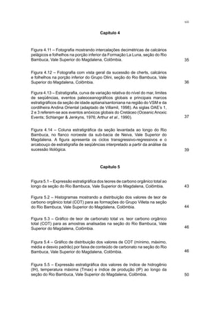 Capítulo 4
Figura 4.11 – Fotografia mostrando intercalações decimétricas de calcários
pelágicos e folhelhos na porção inferior da Formação La Luna, seção do Rio
Bambuca, Vale Superior do Magdalena, Colômbia.
Figura 4.13 – Estratigrafia, curva de variação relativa do nível do mar, limites
de seqüências, eventos paleoceanográficos globais e principais marcos
estratigráficos da seção de idade aptiana/santoniana na região do VSM e da
cordilheira Andina Oriental (adaptado de Villamil, 1998). As siglas OAE’s 1,
2 e 3 referem-se aos eventos anóxicos globais do Cretáceo (Oceanic Anoxic
Events; Schlanger & Jenkyns, 1976; Arthur et al., 1990).
Figura 4.12 – Fotografia com vista geral da sucessão de cherts, calcários
e folhelhos na porção inferior do Grupo Olini, seção do Rio Bambuca, Vale
Superior do Magdalena, Colômbia.
Figura 4.14 – Coluna estratigráfica da seção levantada ao longo do Rio
Bambuca, no flanco noroeste da sub-bacia de Neiva, Vale Superior do
Magdalena. A figura apresenta os ciclos transgressivo-regressivos e o
arcabouço de estratigrafia de seqüências interpretado a partir da análise da
sucessão litológica.
Capítulo 5
Figura 5.1 – Expressão estratigráfica dos teores de carbono orgânico total ao
longo da seção do Rio Bambuca, Vale Superior do Magdalena, Colômbia.
Figura 5.2 – Histogramas mostrando a distribuição dos valores de teor de
carbono orgânico total (COT) para as formações do Grupo Villeta na seção
do Rio Bambuca, Vale Superior do Magdalena, Colômbia.
Figura 5.3 – Gráfico de teor de carbonato total vs. teor carbono orgânico
total (COT) para as amostras analisadas na seção do Rio Bambuca, Vale
Superior do Magdalena, Colômbia.
Figura 5.4 – Gráfico de distribuição dos valores de COT (mínimo, máximo,
média e desvio padrão) por faixa de conteúdo de carbonato na seção do Rio
Bambuca, Vale Superior do Magdalena, Colômbia.
Figura 5.5 – Expressão estratigráfica dos valores de índice de hidrogênio
(IH), temperatura máxima (Tmax) e índice de produção (IP) ao longo da
seção do Rio Bambuca, Vale Superior do Magdalena, Colômbia.
35
36
37
39
43
44
46
46
50
xiii
 