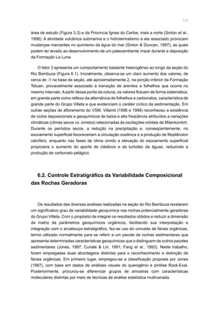 112
área de estudo (Figura 3.3) e da Província Ígnea do Caribe, mais a norte (Sinton et al.,
1998). A atividade vulcânica submarina e o hidrotermalismo a ela associado provocam
mudanças marcantes no quimismo da água do mar (Sinton  Duncan, 1997), as quais
podem ter levado ao desenvolvimento de um paleoambiente ímpar durante a deposição
da Formação La Luna.
O fator 3 apresenta um comportamento bastante heterogêneo ao longo da seção do
Rio Bambuca (Figura 6.1). Inicialmente, observa-se um claro aumento dos valores, de
cerca de -1 na base da seção, até aproximadamente 2, na porção inferior da Formação
Tetuan, provavelmente associado à transição de arenitos a folhelhos que ocorre no
mesmo intervalo.Apartir desse ponto da coluna, os valores flutuam de forma sistemática,
em grande parte como reflexo da alternância de folhelhos e carbonatos, característica de
grande parte do Grupo Villeta e que evidenciam o caráter cíclico da sedimentação. Em
outras seções de afloramento do VSM, Villamil (1996 e 1998) reconheceu a existência
de ciclos deposicionais e geoquímicos de baixa e alta freqüência atribuídos a variações
climáticas (climas secos vs. úmidos) relacionadas às oscilações orbitais de Milankovitch.
Durante os períodos secos, a redução na precipitação e, conseqüentemente, no
escoamento superficial favoreceriam a circulação oceânica e a produção de fitoplâncton
calcífero, enquanto nas fases de clima úmido a elevação do escoamento superficial
propiciaria o aumento do aporte de clásticos e da turbidez da águas, reduzindo a
produção de carbonato pelágico.
6.2. Controle Estratigráfico da Variabilidade Composicional
das Rochas Geradoras
Os resultados das diversas análises realizadas na seção do Rio Bambuca revelaram
um significativo grau de variabilidade geoquímica nas rochas potencialmente geradoras
do Grupo Villeta. Com o propósito de integrar os resultados obtidos e reduzir a dimensão
da matriz de parâmetros geoquímicos orgânicos, facilitando sua interpretação e
integração com o arcabouço estratigráfico, fez-se uso do conceito de fácies orgânicas,
termo utilizado normalmente para se referir a um pacote de rochas sedimentares que
apresenta determinadas características geoquímicas que o distinguem de outros pacotes
sedimentares (Jones, 1987; Curiale  Lin, 1991; Fang et al., 1993). Neste trabalho,
foram empregadas duas abordagens distintas para o reconhecimento e distinção de
fácies orgânicas. Em primeiro lugar, empregou-se a classificação proposta por Jones
(1987), com base em dados de análises visuais do querogênio e pirólise Rock-Eval.
Posteriormente, procurou-se diferenciar grupos de amostras com características
moleculares distintas por meio de técnicas de análise estatística multivariada.
 