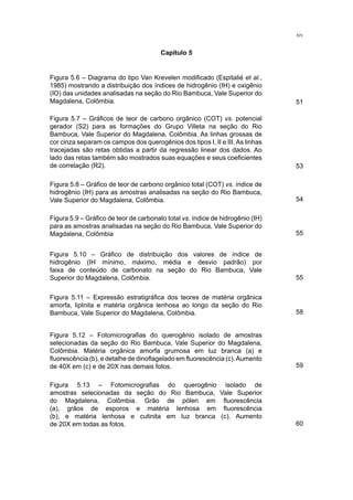 Figura 5.6 – Diagrama do tipo Van Krevelen modificado (Espitalié et al.,
1985) mostrando a distribuição dos índices de hidrogênio (IH) e oxigênio
(IO) das unidades analisadas na seção do Rio Bambuca, Vale Superior do
Magdalena, Colômbia.
Capítulo 5
Figura 5.7 – Gráficos de teor de carbono orgânico (COT) vs. potencial
gerador (S2) para as formações do Grupo Villeta na seção do Rio
Bambuca, Vale Superior do Magdalena, Colômbia. As linhas grossas de
cor cinza separam os campos dos querogênios dos tipos I, II e III. As linhas
tracejadas são retas obtidas a partir da regressão linear dos dados. Ao
lado das retas também são mostrados suas equações e seus coeficientes
de correlação (R2).
Figura 5.9 – Gráfico de teor de carbonato total vs. índice de hidrogênio (IH)
para as amostras analisadas na seção do Rio Bambuca, Vale Superior do
Magdalena, Colômbia
Figura 5.10 – Gráfico de distribuição dos valores de índice de
hidrogênio (IH mínimo, máximo, média e desvio padrão) por
faixa de conteúdo de carbonato na seção do Rio Bambuca, Vale
Superior do Magdalena, Colômbia.
Figura 5.8 – Gráfico de teor de carbono orgânico total (COT) vs. índice de
hidrogênio (IH) para as amostras analisadas na seção do Rio Bambuca,
Vale Superior do Magdalena, Colômbia.
Figura 5.12 – Fotomicrografias do querogênio isolado de amostras
selecionadas da seção do Rio Bambuca, Vale Superior do Magdalena,
Colômbia. Matéria orgânica amorfa grumosa em luz branca (a) e
fluorescência (b), e detalhe de dinoflagelado em fluorescência (c).Aumento
de 40X em (c) e de 20X nas demais fotos.
Figura 5.11 – Expressão estratigráfica dos teores de matéria orgânica
amorfa, liptnita e matéria orgânica lenhosa ao longo da seção do Rio
Bambuca, Vale Superior do Magdalena, Colômbia.
Figura 5.13 – Fotomicrografias do querogênio isolado de
amostras selecionadas da seção do Rio Bambuca, Vale Superior
do Magdalena, Colômbia. Grão de pólen em fluorescência
(a), grãos de esporos e matéria lenhosa em fluorescência
(b), e matéria lenhosa e cutinita em luz branca (c). Aumento
de 20X em todas as fotos.
51
53
54
55
55
58
59
60
xiv
 