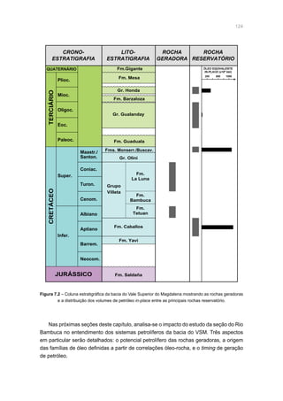 124
Plioc.
Mioc.
Oligoc.
Eoc.
Paleoc.
Super.
Infer.
Coniac.
Turon.
Cenom.
Albiano
Aptiano
Barrem.
Neocom.
Maastr./
Santon.
Fm. Caballos
Grupo
Villeta
Fm.
La Luna
Fm.
Bambuca
Fm.
Tetuan
Fm. Guaduala
Fm. Barzaloza
Fm. Mesa
Fm.Gigante
Gr. Honda
Gr. Gualanday
Fms. Monserr./Buscav.
Gr. Olini
Fm. Saldaña
Fm. Yavi
TERCIÁRIO
QUATERNÁRIO
CRETÁCEO
JURÁSSICO
CRONO-
ESTRATIGRAFIA
LITO-
ESTRATIGRAFIA
ROCHA
GERADORA
ROCHA
RESERVATÓRIO
200 600
ÓLEO EQUIVALENTE
IN-PLACE (x106
bbl)
1000
Figura 7.2 – Coluna estratigráfica da bacia do Vale Superior do Magdalena mostrando as rochas geradoras
e a distribuição dos volumes de petróleo in-place entre as principais rochas reservatório.
Nas próximas seções deste capítulo, analisa-se o impacto do estudo da seção do Rio
Bambuca no entendimento dos sistemas petrolíferos da bacia do VSM. Três aspectos
em particular serão detalhados: o potencial petrolífero das rochas geradoras, a origem
das famílias de óleo definidas a partir de correlações óleo-rocha, e o timing de geração
de petróleo.
 