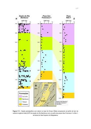 127
Figura 7.3 – Seção estratigráfica com datum no topo do Grupo Villeta comparando os perfis de teor de
carbono orgânico total (COT) da seção do Rio Bambuca com os perfis dos poços San Francisco-1 e Nilo-1,
da bacia do Vale Superior do Magdalena.
COT (%) COT (%)COT (%)
Seção do Rio
Bambuca
N S
Poço
Nilo-1
Poço San
Francisco-1
0 4 8 12
420
520
620
720
820
920
1020
1120
1220
0 4 8 12
0
100
200
300
400
500
600
700
0 4 8 12
300
400
500
600
700
800
900
La Luna
Formações
Bambuca
Tetuan
Caballos
3°N
75°W
25km
CORD.CENTRAL
Alto de
Natagaima
Sub-bacia
de Neiva
Girardot
CORD.ORIENTAL
N
1
2
3
(1) Seção do Rio Bambuca
(2) Poço San Francisco-1
(3) Poço Nilo-1
 