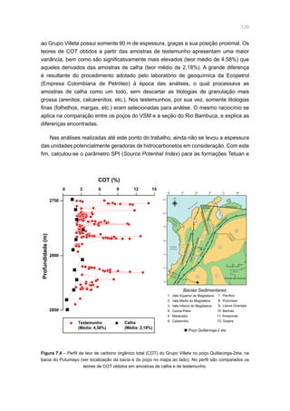128
ao Grupo Villeta possui somente 90 m de espessura, graças a sua posição proximal. Os
teores de COT obtidos a partir das amostras de testemunho apresentam uma maior
variância, bem como são significativamente mais elevados (teor médio de 4,58%) que
aqueles derivados das amostras de calha (teor médio de 2,18%). A grande diferença
é resultante do procedimento adotado pelo laboratório de geoquímica da Ecopetrol
(Empresa Colombiana de Petróleo) à época das análises, o qual processava as
amostras de calha como um todo, sem descartar as litologias de granulação mais
grossa (arenitos, calcarenitos, etc.). Nos testemunhos, por sua vez, somente litologias
finas (folhelhos, margas, etc.) eram selecionadas para análise. O mesmo raciocínio se
aplica na comparação entre os poços do VSM e a seção do Rio Bambuca, e explica as
diferenças encontradas.
Nas análises realizadas até este ponto do trabalho, ainda não se levou a espessura
das unidades potencialmente geradoras de hidrocarbonetos em consideração. Com este
fim, calculou-se o parâmetro SPI (Source Potential Index) para as formações Tetuan e
0 3 6
COT (%)
Profundidade(m)
9 12 15
2750
2800
2850
Testemunho
(Média: 4,58%)
Calha
(Média: 2,18%)
0 100 200 km
79º 77º 75º 73º 71º 69º
12º
10º
8º
6º
4º
2º
0º
Andes
de
M
érida
Bogotá
FALHADEBUCARAMANGA
Maciço de
Santa Marta
M
ar do Caribe
Oceano
Pacífico
1
2
3
4
5
7
8
9
10
11
12
N
6
AndesdePerijá
FALHA DE OCA
Bacias Sedimentares:
1. Vale Superior do Magdalena
2. Vale Médio do Magdalena
3. Vale Inferior do Magdalena
4. Cauca-Patia
5. Maracaibo
6. Catatumbo
7. Pacífico
8. Putumayo
9. Llanos Orientais
10. Barinas
11. Amazonas
12. Guajira
Escudo das Guianas
Colôm
bia
Panamá
Equador
Colômbia
Venezuela
Brasil
Cord.dos
AndesOriental
CordilheiradosAndesOcidentalCord.dosAndesCentral
Poço Quillacinga-2 sta
Figura 7.4 – Perfil de teor de carbono orgânico total (COT) do Grupo Villeta no poço Quillacinga-2sta, na
bacia do Putumayo (ver localização da bacia e do poço no mapa ao lado). No perfil são comparados os
teores de COT obtidos em amostras de calha e de testemunho.
 