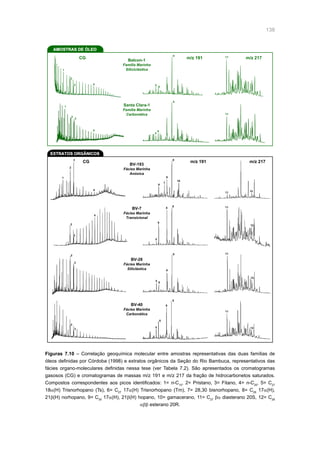 138
6
5
6
5
Santa Clara-1
Família Marinha
Carbonática
Balcon-1
Família Marinha
Siliciclástica
CG m/z 191 m/z 217
CG m/z 191 m/z 217
BV-193
Fácies Marinha
Anóxica
BV-40
Fácies Marinha
Carbonática
BV-28
Fácies Marinha
Siliclástica
BV-7
Fácies Marinha
Transicional
2
4
5
5
5
6
6
6
6
7
8
8
8
8
9 11
11
11
11
11
11
12
12
12
12
9
9
9
9
9
10
3
2
3
2
3
2
1
3
2
3
2
3
4
AMOSTRAS DE ÓLEO
EXTRATOS ORGÂNICOS
1
1
4
4
Figuras 7.10 – Correlação geoquímica molecular entre amostras representativas das duas famílias de
óleos definidas por Córdoba (1998) e extratos orgânicos da Seção do Rio Bambuca, representativos das
fácies organo-moleculares definidas nessa tese (ver Tabela 7.2). São apresentados os cromatogramas
gasosos (CG) e cromatogramas de massas m/z 191 e m/z 217 da fração de hidrocarbonetos saturados.
Compostos correspondentes aos picos identificados: 1= n-C15
, 2= Pristano, 3= Fitano, 4= n-C25
, 5= C27
18α(H) Trisnorhopano (Ts), 6= C27
17α(H) Trisnorhopano (Tm), 7= 28,30 bisnorhopano, 8= C29
17α(H),
21β(H) norhopano, 9= C30
17α(H), 21β(H) hopano, 10= gamacerano, 11= C27
βα diasterano 20S, 12= C29
αββ esterano 20R.
 