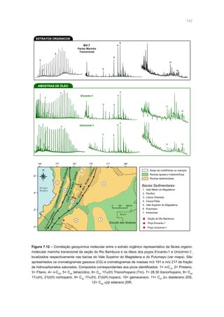 142
Figura 7.12 – Correlação geoquímica molecular entre o extrato orgânico representativo da fácies organo-
molecular marinha transicional da seção do Rio Bambuca e os óleos dos poços Encanto-1 e Unicórnio-1,
localizados respectivamente nas bacias do Vale Superior do Magdalena e do Putumayo (ver mapa). São
apresentados os cromatogramas gasosos (CG) e cromatogramas de massas m/z 191 e m/z 217 da fração
de hidrocarbonetos saturados. Compostos correspondentes aos picos identificados: 1= n-C15
, 2= Pristano,
3= Fitano, 4= n-C25
, 5= C24
tetracíclico, 6= C27
17α(H) Trisnorhopano (Tm), 7= 28,30 bisnorhopano, 8= C29
17α(H), 21β(H) norhopano, 9= C30
17α(H), 21β(H) hopano, 10= gamacerano, 11= C27
βα diasterano 20S,
12= C29
αββ esterano 20R.
2
2
2
3
3
3
4
4
4
5
6
8
9
5 6
8
9
5 6
8
9
11
11
12
12
11 12
BV-7
Fácies Marinha
Transicional
Encanto-1
Unicórnio-1
AMOSTRAS DE ÓLEO
EXTRATOS ORGÂNICOS
0 100 200 km
79º 77º 75º 73º 71º 69º
6º
4º
2º
0º
Bogotá
FALHADE
ROMERAL
Oceano
Pacífico
5
1
2
6
3
7
N
Bacias Sedimentares:
1. Vale Médio do Magdalena
2. Pacífico
3. Llanos Orientais
4. Cauca-Patia
5. Vale Superior do Magdalena
6. Putumayo
7. Amazonas
Seção do Rio Bambuca
Poço Encanto-1
Poço Unicornio-1
Rochas sedimentares
Rochas ígneas e metamórficas
Áreas de cordilheiras ou maciços
Escudo das Guianas
Colôm
bia
Equador
Colômbia
Venezuela
Brasil
Cord.dos
AndesOriental
CordilheiradosAndesOcidentalCord.dosAndesCentral
4
 