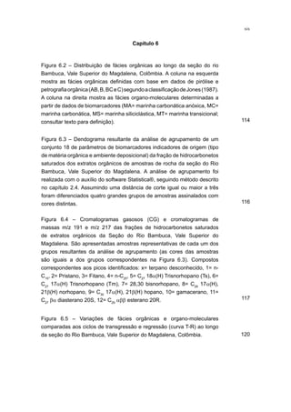 Capítulo 6
Figura 6.2 – Distribuição de fácies orgânicas ao longo da seção do rio
Bambuca, Vale Superior do Magdalena, Colômbia. A coluna na esquerda
mostra as fácies orgânicas definidas com base em dados de pirólise e
petrografiaorgânica(AB,B,BCeC)segundoaclassificaçãodeJones(1987).
A coluna na direita mostra as fácies organo-moleculares determinadas a
partir de dados de biomarcadores (MA= marinha carbonática anóxica, MC=
marinha carbonática, MS= marinha siliciclástica, MT= marinha transicional;
consultar texto para definição).
Figura 6.3 – Dendograma resultante da análise de agrupamento de um
conjunto 18 de parâmetros de biomarcadores indicadores de origem (tipo
de matéria orgânica e ambiente deposicional) da fração de hidrocarbonetos
saturados dos extratos orgânicos de amostras de rocha da seção do Rio
Bambuca, Vale Superior do Magdalena. A análise de agrupamento foi
realizada com o auxílio do software Statistica®, seguindo método descrito
no capítulo 2.4. Assumindo uma distância de corte igual ou maior a três
foram diferenciados quatro grandes grupos de amostras assinalados com
cores distintas.
Figura 6.4 – Cromatogramas gasosos (CG) e cromatogramas de
massas m/z 191 e m/z 217 das frações de hidrocarbonetos saturados
de extratos orgânicos da Seção do Rio Bambuca, Vale Superior do
Magdalena. São apresentadas amostras representativas de cada um dos
grupos resultantes da análise de agrupamento (as cores das amostras
são iguais a dos grupos correspondentes na Figura 6.3). Compostos
correspondentes aos picos identificados: x= terpano desconhecido, 1= n-
C15
, 2= Pristano, 3= Fitano, 4= n-C25
, 5= C27
18α(H) Trisnorhopano (Ts), 6=
C27
17α(H) Trisnorhopano (Tm), 7= 28,30 bisnorhopano, 8= C29
17α(H),
21β(H) norhopano, 9= C30
17α(H), 21β(H) hopano, 10= gamacerano, 11=
C27
βα diasterano 20S, 12= C29
αββ esterano 20R.
Figura 6.5 – Variações de fácies orgânicas e organo-moleculares
comparadas aos ciclos de transgressão e regressão (curva T-R) ao longo
da seção do Rio Bambuca, Vale Superior do Magdalena, Colômbia.
114
116
117
120
xix
 