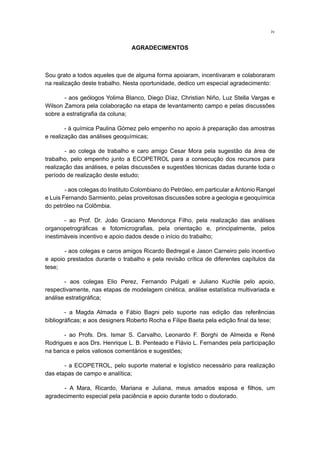 AGRADECIMENTOS
iv
Sou grato a todos aqueles que de alguma forma apoiaram, incentivaram e colaboraram
na realização deste trabalho. Nesta oportunidade, dedico um especial agradecimento:
	 - aos geólogos Yolima Blanco, Diego Díaz, Christian Niño, Luz Stella Vargas e
Wilson Zamora pela colaboração na etapa de levantamento campo e pelas discussões
sobre a estratigrafia da coluna;
- à química Paulina Gómez pelo empenho no apoio à preparação das amostras
e realização das análises geoquímicas;
	 - ao colega de trabalho e caro amigo Cesar Mora pela sugestão da área de
trabalho, pelo empenho junto a ECOPETROL para a consecução dos recursos para
realização das análises, e pelas discussões e sugestões técnicas dadas durante toda o
período de realização deste estudo;
	 - aos colegas do Instituto Colombiano do Petróleo, em particular a Antonio Rangel
e Luis Fernando Sarmiento, pelas proveitosas discussões sobre a geologia e geoquímica
do petróleo na Colômbia.
- ao Prof. Dr. João Graciano Mendonça Filho, pela realização das análises
organopetrográficas e fotomicrografias, pela orientação e, principalmente, pelos
inestimáveis incentivo e apoio dados desde o início do trabalho;
	 - aos colegas e caros amigos Ricardo Bedregal e Jason Carneiro pelo incentivo
e apoio prestados durante o trabalho e pela revisão crítica de diferentes capítulos da
tese;
- aos colegas Elio Perez, Fernando Pulgati e Juliano Kuchle pelo apoio,
respectivamente, nas etapas de modelagem cinética, análise estatística multivariada e
análise estratigráfica;
- a Magda Almada e Fábio Bagni pelo suporte nas edição das referências
bibliográficas; e aos designers Roberto Rocha e Filipe Baeta pela edição final da tese;
- ao Profs. Drs. Ismar S. Carvalho, Leonardo F. Borghi de Almeida e René
Rodrigues e aos Drs. Henrique L. B. Penteado e Flávio L. Fernandes pela participação
na banca e pelos valiosos comentários e sugestões;
	 - a ECOPETROL, pelo suporte material e logístico necessário para realização
das etapas de campo e analítica;
	 - A Mara, Ricardo, Mariana e Juliana, meus amados esposa e filhos, um
agradecimento especial pela paciência e apoio durante todo o doutorado.
 