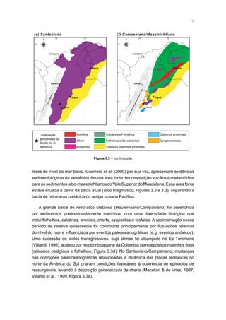 19
fases de nível do mar baixo. Guerrero et al. (2000) por sua vez, apresentam evidências
sedimentológicas da existência de uma área fonte de composição vulcânica-metamórfica
para os sedimentos albo-maastrichtianos do Vale Superior do Magdalena. Essa área fonte
estava situada a oeste da bacia atual (arco magmático; Figuras 3.2 e 3.3), separando a
bacia de retro-arco cretácica do antigo oceano Pacífico.
A grande bacia de retro-arco cretácea (Hauteriviano/Campaniano) foi preenchida
por sedimentos predominantemente marinhos, com uma diversidade litológica que
inclui folhelhos, calcários, arenitos, cherts, evaporitos e fosfatos. A sedimentação nesse
período de relativa quiescência foi controlada principalmente por flutuações relativas
do nível do mar e influenciada por eventos paleoceanográficos (e.g. eventos anóxicos).
Uma sucessão de ciclos transgressivos, cujo clímax foi alcançado no Eo-Turoniano
(Villamil, 1998), acabou por recobrir boa parte da Colômbia com depósitos marinhos finos
(calcários pelágicos e folhelhos; Figura 3.3d). No Santoniano/Campaniano, mudanças
nas condições paleoceanográficas relacionadas à dinâmica das placas tectônicas no
norte da América do Sul criaram condições favoráveis à ocorrência de episódios de
ressurgência, levando à deposição generalizada de cherts (Macellari  de Vries, 1987;
Villamil et al., 1999; Figura 3.3e).
(e) Santoniano (f) Campaniano/Maastrichtiano
76º
12º
8º
4º
72º
Medelin
Bogotá
Cartagena
Merida
Neiva
76º
12º
8º
4º
72º
Medelin
Bogotá
Cartagena
Merida
Neiva
N N
ArcoMagmático
LevantamentodapaleocordilheiraCentral
Chert
Evaporitos Clásticos marinhos proximais
Folhelhos (não-calcários)
Calcários e Folhelhos Calcários proximaisFosfatosLocalização
aproximada da
Seção do rio
Bambuca
Conglomerados
Figura 3.3 – continuação
 