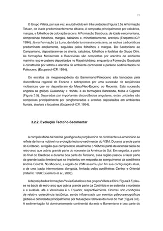 23
O Grupo Villeta, por sua vez, é subdividido em três unidades (Figura 3.5).AFormação
Tetuan, de idade predominantemente albiana, é composta principalmente por calcários,
margas, e folhelhos de coloração escura. A Formação Bambuca, de idade cenomaniana,
compreende folhelhos, margas, calcários e, minoritariamente, arenitos (Ecopetrol-ICP,
1994). Já na Formação La Luna, de idade turoniana/coniaciana, as rochas carbonáticas
predominam amplamente, seguidas pelos folhelhos e margas. Do Santoniano ao
Campaniano, depositaram-se os cherts, calcários, folhelhos e fosfatos do Grupo Olini.
As formações Monserrate e Buscavidas são compostas por arenitos de ambiente
marinho raso e costeiro depositados no Maastrichtiano, enquanto a Formação Guaduala
é constituída por siltitos e arenitos de ambiente continental a parálico sedimentados no
Paleoceno (Ecopetrol-ICP, 1994).
Os estratos da megasseqüência do Barremiano/Paleoceno são truncados pela
discordância regional do Eoceno e sobrepostos por uma sucessão de seqüências
molássicas que se depositaram do Meso/Neo-Eoceno ao Recente. Esta sucessão
engloba os grupos Gualanday e Honda, e as formações Barzaloza, Mesa e Gigante
(Figura 3.5). Separadas por importantes discordâncias angulares, estas unidades são
compostas principalmente por conglomerados e arenitos depositados em ambientes
fluviais, aluviais e lacustres (Ecopetrol-ICP, 1994).
3.2.2. Evolução Tectono-Sedimentar
A complexidade da história geológica da porção norte do continente sul-americano se
reflete de forma notável na evolução tectono-sedimentar do VSM. Durante grande parte
do Cretáceo, a região que compreende atualmente o VSM foi parte da extensa bacia de
retro-arco que cobriu grande parte do noroeste da América do Sul. Em seguida, a partir
do final do Cretáceo e durante boa parte do Terciário, essa região passou a fazer parte
da grande bacia foreland que se implantou em resposta ao soerguimento da cordilheira
Andina Central. No Mioceno, a região do VSM assumiu por fim sua configuração atual,
a de uma bacia intermontana alongada, limitada pelas cordilheiras Central e Oriental
(Villamil, 1998; Guerrero et al., 2000).
AdeposiçãodasformaçõesYavieCaballosedosgruposVilletaeOlini(Figura3.5)deu-
se na bacia de retro-arco que cobria grande parte da Colômbia e se estendia a nordeste
e a sudeste, até a Venezuela e o Equador, respectivamente. Ocorreu sob condições
de relativa quiescência tectônica, sendo influenciada por eventos paleoceanográficos
globais e controlada principalmente por flutuações relativas do nível do mar (Figura 3.6).
A sedimentação foi dominantemente continental durante o Barremiano e boa parte do
 