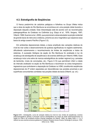 37
4.3. Estratigrafia de Seqüências
O franco predomínio de calcários pelágicos e folhelhos no Grupo Villeta indica
que a área da seção do Rio Bambuca se encontrava em uma posição distal durante a
deposição daquela unidade. Esta interpretação está de acordo com as reconstruções
paleogeográficas do Cretáceo na Colômbia (e.g. Etayo et al., 1976; Vergara, 1997;
Villamil, 1998; Guerrero et al., 2000), que posicionam a área estudada na porção ocidental
da grande bacia de retro-arco cretácica, próxima ao arco magmático que separava essa
bacia do antigo oceano Pacífico (Figura 3.3).
Em ambientes deposicionais distais, a baixa amplitude das variações relativas do
nível do mar coíbe o desenvolvimento de quebras significativas no registro sedimentar,
dificultando sobremaneira o reconhecimento de limites de seqüências e tratos de
sistemas. A sucessão litológica da seção do Rio Bambuca foi analisada à luz do
arcabouço de estratigrafia de seqüências e de eventos definido por Villamil (1998). Esse
arcabouço inclui uma série de marcos estratigráficos de caráter regional (e.g. camadas
de bentonita, níveis de concreções, etc.; Figura 4.13) que permitiram inferir a idade
do intervalo analisado na seção do Rio Bambuca e reconhecer os ciclos trangressivo-
regressivos que controlaram a deposição do Cretáceo no VSM, constituindo seqüências
deposicionais de 2ª ordem separadas por discordâncias nas porções proximais e por
superfícies concordantes correlatas nas porções distais da bacia (Villamil, op. cit.).
Níveis de
Bentonitas
Concreções
Calcáreas
Transgressão
Superfícies
de Inundação
Máxima (SIM)
Limites de
Seqüência (LS)
Eventos Anóxicos
Oceânicos (OAE's)
CRONO
LITO
ESTRATI-
GRAFIA
CON
SAN
TUR
CEN
ALB
OAE-3 ?
OAE-2
OAE-1
LS?
SIM
SIM?
SIM
LS
LS
Fm. Caballos
Gr. Olini
GrupoVilleta
Fm.
La Luna
Fm.
Bambuca
Fm.
Tetuan
Figura 4.13 – Estratigrafia, curva de variação relativa do nível do mar, limites de seqüências, eventos
paleoceanográficos globais e principais marcos estratigráficos da seção de idade aptiana/santoniana na
região do VSM e da cordilheira Andina Oriental (adaptado de Villamil, 1998). As siglas OAE’s 1, 2 e 3
referem-se aos eventos anóxicos globais do Cretáceo (Oceanic Anoxic Events; Schlanger  Jenkyns, 1976;
Arthur et al., 1990).
 