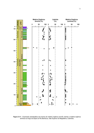 58
Matéria Orgânica
Amorfa (%)
Matéria Orgânica
Lenhosa (%)
0 50 100 0 50 100
Liptinita
(%)
0 50 100
0
100
200
300
Albiano
Caba-
llos
Fm.Tetuan
400
500
600
700
m
CenomanianoTuron./Coniac.San.CRONO
LITO
Fm.Bambuca
GrupoVilleta
Fm.LaLuna
Olini
Figura 5.11 – Expressão estratigráfica dos teores de matéria orgânica amorfa, liptnita e matéria orgânica
lenhosa ao longo da seção do Rio Bambuca, Vale Superior do Magdalena, Colômbia.
 