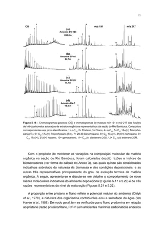 65
Com o propósito de monitorar as variações na composição molecular da matéria
orgânica na seção do Rio Bambuca, foram calculadas dezoito razões e índices de
biomarcadores (ver forma de cálculo no Anexo 3), das quais quinze são consideradas
indicativas sobretudo da natureza da biomassa e das condições deposicionais, e as
outras três representativas principalmente do grau de evolução térmica da matéria
orgânica. A seguir, apresenta-se e discute-se em detalhe o comportamento de nove
razões moleculares indicativas do ambiente deposicional (Figuras 5.17 a 5.20) e de três
razões representativas do nível de maturação (Figuras 5.21 e 5.22).
A proporção entre pristano e fitano reflete o potencial redutor do ambiente (Didyk
et al., 1978), a natureza dos organismos contribuintes e/ou a salinidade da água (ten
Haven et al., 1988). De modo geral, tem se verificado que o fitano predomina em relação
ao pristano (razão pristano/fitano, P/F1) em ambientes marinhos carbonáticos anóxicos
CG m/z 191 m/z 217
(a)
Amostra BV-193
696,0m
(b)
Amostra BV-40
82,7m
(c)
Amostra BV-28
75,7m
(d)
Amostra BV-7
16,0 m2
4
5
5
5
6
6
6
6
7
8
8
8
8
9 11
11
11
11 12
12
12
12
9
9
9
10
3
2
3
2
3
2
1
3
4
Figura 5.16 – Cromatogramas gasosos (CG) e cromatogramas de massas m/z 191 e m/z 217 das frações
de hidrocarbonetos saturados de extratos orgânicos representativos da seção do Rio Bambuca. Compostos
correspondentes aos picos identificados: 1= n-C15
, 2= Pristano, 3= Fitano, 4= n-C25
, 5= C27
18α(H) Trisnorho-
pano (Ts), 6= C27
17α(H) Trisnorhopano (Tm), 7= 28,30 bisnorhopano, 8= C29
17α(H), 21β(H) norhopano, 9=
C30
17α(H), 21β(H) hopano, 10= gamacerano, 11= C27
βα diasterano 20S, 12= C29
αββ esterano 20R.
 