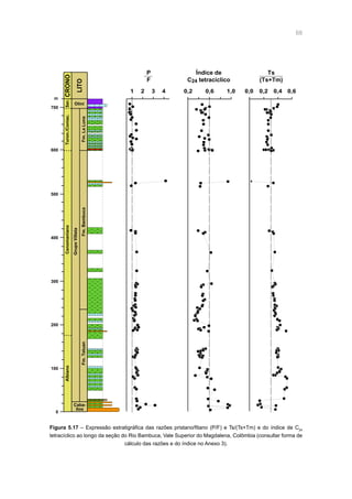 68
Figura 5.17 – Expressão estratigráfica das razões pristano/fitano (P/F) e Ts/(Ts+Tm) e do índice de C24
tetracíclico ao longo da seção do Rio Bambuca, Vale Superior do Magdalena, Colômbia (consultar forma de
cálculo das razões e do índice no Anexo 3).
0
100
200
300
Albiano
Caba-
llos
Fm.Tetuan
400
500
600
700
m
CenomanianoTuron./Coniac.San.CRONO
LITO
Fm.Bambuca
GrupoVilleta
Fm.LaLuna
Olini
Índice de
C24 tetracíclico
0,2 0,6 1,0
Ts
(Ts+Tm)
P
F
0,0 0,2 0,4 0,61 2 3 4
 