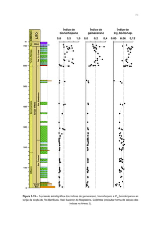70
0
100
200
300
Albiano
Caba-
llos
Fm.Tetuan
400
500
600
700
m
CenomanianoTuron./Coniac.San.CRONO
LITO
Fm.Bambuca
GrupoVilleta
Fm.LaLuna
Olini
Índice de
C35 homohop.
0,00 0,06 0,12
Índice de
bisnorhopano
0,0 0,5 1,0
Índice de
gamacerano
0,0 0,2 0,4
Figura 5.19 – Expressão estratigráfica dos índices de gamacerano, bisnorhopano e C35
homohopanos ao
longo da seção do Rio Bambuca, Vale Superior do Magdalena, Colômbia (consultar forma de cálculo dos
índices no Anexo 3).
 