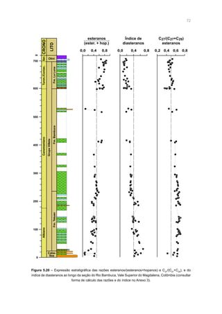 72
0
100
200
300
Albiano
Caba-
llos
Fm.Tetuan
400
500
600
700
m
CenomanianoTuron./Coniac.San.CRONO
LITO
Fm.Bambuca
GrupoVilleta
Fm.LaLuna
Olini
C27/(C27+C29)
esteranos
0,2 0,4 0,6 0,8
Índice de
diasteranos
0,0 0,4 0,8
esteranos
(ester. + hop.)
0,0 0,4 0,8
Figura 5.20 – Expressão estratigráfica das razões esteranos/(esteranos+hopanos) e C27
/(C27
+C29
), e do
índice de diasteranos ao longo da seção do Rio Bambuca, Vale Superior do Magdalena, Colômbia (consultar
forma de cálculo das razões e do índice no Anexo 3).
 