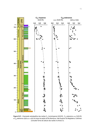 74
Figura 5.21 – Expressão estratigráfica das razões C31
homohopanos S/(S+R), C29
esteranos ααα S/(S+R)
e C29
esteranos αββ/(ααα+αββ) ao longo da seção do Rio Bambuca, Vale Superior do Magdalena, Colômbia
(consultar forma de cálculo das razões no Anexo 3).
0
100
200
300
Albiano
Caba-
llos
Fm.Tetuan
400
500
600
700
m
CenomanianoTuron./Coniac.San.CRONO
LITO
Fm.Bambuca
GrupoVilleta
Fm.LaLuna
Olini
0,4 0,5 0,6 0,0 0,2 0,4 0,2 0,3 0,4
C31 hopanos
S/(S+R)
C29 esteranos
 S/(S+R) /(+)
 