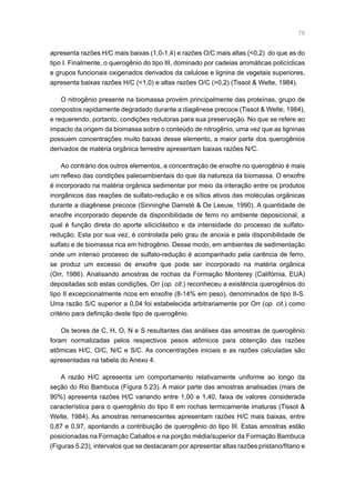 78
apresenta razões H/C mais baixas (1,0-1,4) e razões O/C mais altas (0,2) do que as do
tipo I. Finalmente, o querogênio do tipo III, dominado por cadeias aromáticas policíclicas
e grupos funcionais oxigenados derivados da celulose e lignina de vegetais superiores,
apresenta baixas razões H/C (1,0) e altas razões O/C (0,2) (Tissot  Welte, 1984).
O nitrogênio presente na biomassa provém principalmente das proteínas, grupo de
compostos rapidamente degradado durante a diagênese precoce (Tissot  Welte, 1984),
e requerendo, portanto, condições redutoras para sua preservação. No que se refere ao
impacto da origem da biomassa sobre o conteúdo de nitrogênio, uma vez que as ligninas
possuem concentrações muito baixas desse elemento, a maior parte dos querogênios
derivados de matéria orgânica terrestre apresentam baixas razões N/C.
Ao contrário dos outros elementos, a concentração de enxofre no querogênio é mais
um reflexo das condições paleoambientais do que da natureza da biomassa. O enxofre
é incorporado na matéria orgânica sedimentar por meio da interação entre os produtos
inorgânicos das reações de sulfato-redução e os sítios ativos das moléculas orgânicas
durante a diagênese precoce (Sinninghe Damsté  De Leeuw, 1990). A quantidade de
enxofre incorporado depende da disponibilidade de ferro no ambiente deposicional, a
qual é função direta do aporte siliciclástico e da intensidade do processo de sulfato-
redução. Esta por sua vez, é controlada pelo grau de anoxia e pela disponibilidade de
sulfato e de biomassa rica em hidrogênio. Desse modo, em ambientes de sedimentação
onde um intenso processo de sulfato-redução é acompanhado pela carência de ferro,
se produz um excesso de enxofre que pode ser incorporado na matéria orgânica
(Orr, 1986). Analisando amostras de rochas da Formação Monterey (Califórnia, EUA)
depositadas sob estas condições, Orr (op. cit.) reconheceu a existência querogênios do
tipo II excepcionalmente ricos em enxofre (8-14% em peso), denominados de tipo II-S.
Uma razão S/C superior a 0,04 foi estabelecida arbitrariamente por Orr (op. cit.) como
critério para definição deste tipo de querogênio.
Os teores de C, H, O, N e S resultantes das análises das amostras de querogênio
foram normalizadas pelos respectivos pesos atômicos para obtenção das razões
atômicas H/C, O/C, N/C e S/C. As concentrações iniciais e as razões calculadas são
apresentadas na tabela do Anexo 4.
A razão H/C apresenta um comportamento relativamente uniforme ao longo da
seção do Rio Bambuca (Figura 5.23). A maior parte das amostras analisadas (mais de
90%) apresenta razões H/C variando entre 1,00 e 1,40, faixa de valores considerada
característica para o querogênio do tipo II em rochas termicamente imaturas (Tissot 
Welte, 1984). As amostras remanescentes apresentam razões H/C mais baixas, entre
0,87 e 0,97, apontando a contribuição de querogênio do tipo III. Estas amostras estão
posicionadas na Formação Caballos e na porção média/superior da Formação Bambuca
(Figuras 5.23), intervalos que se destacaram por apresentar altas razões pristano/fitano e
 