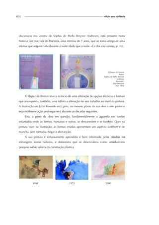 122| edição para a Infância
discursivas nos contos de Sophia de Mello Breyner Andresen, está presente nesta
história que nos fala de Florinda, uma menina de 7 anos, que se torna amiga de uma
estátua que adquire vida durante a noite (dado que a noite «é o dia das coisas», p. 30).
O Rapaz de Bronze
Autor:
Sophia de Mello Breyner
Andresen
Ilustrador:
Júlio Resende
Ano: 1956
O Rapaz de Bronze marca o inicio de uma alteração de opções técnicas e formais
que acompanha, também, uma idêntica alteração no seu trabalho ao nível da pintura.
A ilustração em Júlio Resende está, pois, no mesmo plano da sua obra como pintor e
esta indiferenciação prolongar-se-á durante as décadas seguintes.
Usa, a partir da obra em questão, fundamentalmente a aguarela em fundos
esfumados onde as formas, humanas e outras, se desvanecem e se fundem. Quer na
pintura quer na ilustração, as formas criadas apresentam um aspecto sintético e de
mancha, sem contudo chegar à abstracção.
A sua pintura é virtuosamente aprendida e bem informada pelas estadias no
estrangeiro como bolseiro, e demonstra que se desenvolveu como amadurecida
pesquisa sobre valores da construção plástica.
1948 1973 2000
 