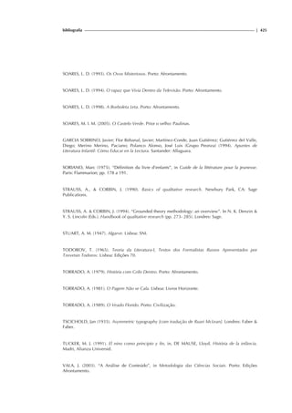 bibliografia | 425
SOARES, L. D. (1993). Os Ovos Misteriosos. Porto: Afrontamento.
SOARES, L. D. (1994). O rapaz que Vivia Dentro da Televisão. Porto: Afrontamento.
SOARES, L. D. (1998). A Borboleta Leta. Porto: Afrontamento.
SOARES, M. I. M. (2005). O Castelo Verde. Prior o velho: Paulinas.
GARCIA SOBRINO, Javier; Flor Rebanal, Javier; Martínez-Conde, Juan Gutiérrez; Gutiérrez del Valle,
Diego; Merino Merino, Paciano; Polanco Alonso, José Luis (Grupo Peonza) (1994). Apuntes de
Literatura Infantil: Cómo Educar en la Lectura. Santander: Alfaguara.
SORIANO, Marc (1975). “Définition du livre d’enfants”, in Guide de la littérature pour la jeunesse.
Paris: Flammarion; pp. 178 a 191.
STRAUSS, A.,  CORBIN, J. (1990). Basics of qualitative research. Newbury Park, CA: Sage
Publications.
STRAUSS, A.  CORBIN, J. (1994). “Grounded theory methodology: an overview”. In N. K. Denzin 
Y. S. Lincoln (Eds.). Handbook of qualitative research (pp. 273- 285). Londres: Sage.
STUART, A. M. (1947). Algarve. Lisboa: SNI.
TODOROV, T. (1965). Teoria da Literatura-I, Textos dos Formalistas Russos Apresentados por
Tzevetan Todorov. Lisboa: Edições 70.
TORRADO, A. (1979). História com Grilo Dentro. Porto: Afrontamento.
TORRADO, A. (1981). O Pagem Não se Cala. Lisboa: Livros Horizonte.
TORRADO, A. (1989). O Veado Florido. Porto: Civilização.
TSCICHOLD, Jan (1935). Asymmetric typography [com tradução de Ruari McLean]. Londres: Faber 
Faber.
TUCKER, M. J. (1991). El nino como principio y fin, in, DE MAUSE, Lloyd. História de la infância.
Madri, Alianza Universid.
VALA, J. (2003). “A Análise de Conteúdo”, in Metodologia das Ciências Sociais. Porto: Edições
Afrontamento.
 
