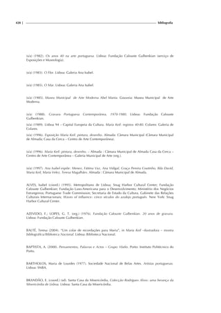 428 | bibliografia
(s/a) (1982). Os anos 40 na arte portuguesa. Lisboa: Fundação Calouste Gulbenkian (serviço de
Exposições e Museologia).
(s/a) (1983). O Flor. Lisboa: Galeria Ana Isabel.
(s/a) (1985). O Mar. Lisboa: Galeria Ana Isabel.
(s/a) (1985). Museu Municipal de Arte Moderna Abel Manta. Gouveia: Museu Municipal de Arte
Moderna.
(s/a) (1988). Gravura Portuguesa Contemporânea, 1970-1980. Lisboa: Fundação Calouste
Gulbenkian.
(s/a) (1989). Lisboa 94 – Capital Europeia da Cultura. Maria Keil: registos 40-80. Colares: Galeria de
Colares.
(s/a) (1996). Exposição Maria Keil: pintura, desenho. Almada: Câmara Municipal (Câmara Municipal
de Almada; Casa da Cerca – Centro de Arte Contemporânea).
(s/a) (1996). Maria Keil: pintura, desenho. – Almada : Câmara Municipal de Almada Casa da Cerca –
Centro de Arte Contemporânea – Galeria Municipal de Arte (org.).
(s/a) (1997). Ana Isabel expõe: Menez, Fátima Vaz, Ana Vidigal, Graça Pereira Coutinho, Ilda David,
Maria Keil, Maria Velez, Teresa Magalhães. Almada : Câmara Municipal de Almada.
ALVES, Isabel (coord.) (1995). Metropolitano de Lisboa; Snug Harbor Cultural Center; Fundação
Calouste Gulbenkian; Fundação Luso-Americana para o Desenvolvimento; Ministério dos Negócios
Estrangeiros; Portuguese Trade Commission; Secretaria de Estado da Cultura, Gabinete das Relações
Culturais Internacionais; Waves of influence: cinco séculos do azulejo português. New York: Snug
Harbor Cultural Center.
AZEVEDO, F.; LOPES, G. T. (org.) (1976). Fundação Calouste Gulbenkian. 20 anos de gravura.
Lisboa: Fundação Calouste Gulbenkian.
BALTÉ, Teresa (2004). “Um colar de recordações para Maria”, in Maria Keil –ilustradora – mostra
bibliográfica/Biblioteca Nacional. Lisboa: Biblioteca Nacional.
BAPTISTA, A. (2000). Pensamentos, Palavras e Actos – Grupo 10afio. Porto: Instituto Politécnico do
Porto.
BARTHOLOS, Maria de Lourdes (1977). Sociedade Nacional de Belas Artes. Artistas portuguesas.
Lisboa: SNBA.
BRANDÃO, E. (coord.) (sd). Santa Casa da Misericórdia, Colecção Rodrigues Alves: uma herança da
Misericórdia de Lisboa. Lisboa: Santa Casa da Misericórdia.
 