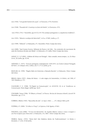 432 | bibliografia
(s/a) (1944). “Um grande homem de acção”, in Panorama, nº19, Fevereiro.
(s/a) (1948). “Pousada de S. Lourenço na Serra da Estrela”, in Panorama, nº35.
(s/a) (1954). nº18, 1 Novembro, pp.34-35 e 29 (“Os azulejos portugueses e a arquitectura moderna”).
(s/a) (1955). “Móveis e azulejos de Maria Keil”, in Eva, nº1001, Junho, p. 27.
(s/a) (1999). “Editorial”, in Malasartes, nº1, Novembro. Porto: Campo das Letras.
(s/a) (2000). “José Gomes Ferreira: Militante da Poesia e da Vida – No centenário do nascimento do
autor de Aventuras de João sem Medo”, in Malasartes, nº3, Julho. Porto: Campo das Letras.
AVILEZ, V. F. d’ (2005). «Hábitos de leitura em Portugal – Mais vontade, menos tempo», in, Os Meus
Livros, 28, Junho, pp. 42-46.
AZEVEDO, F. (1975). “Gravure portugaise contemporaine 1970-1975: no Centro Cultural Português
de Paris”, in Colóquio Artes, Lisboa, ano 17, nº 23, Junho, p.76.
BACELAR, M. (1999). “Ângela Melo em Entrevista a Manuela Bacelar”, in Malasartes. Porto: Campo
das Letras.
BRAGA, Mário (1957). «Notas de leitura – A vida mágica da Sementinha», in Vértice, vol. XVII, nº
169. Outubro; p. 573.
CAUDURO, F. V. (1998). “O Digital na Comunicação”, in: LEVACOV, M; et al. Tendências na
Comunicação. Porto Alegre: LPM, pp. 56-67.
COLOMER, Teresa (1996). “El Álbum y el texto”, in Peonza. Revista de Literatura Infantil y Juvenil 39:
Dezembro, pp. 27-31.
CORREIA, Alberto (1945). “Rascunhos de arte”, in Aqui e Além …, , nº1, Março/ Abril, p.69.
COTRIM, J. P. (2004). “A Linha e o Traço”, in Expresso, 8 de Agosto, nº1661.
DACOSTA, Luísa (2000). “’O Livro de Marianinha” de Aquilino Ribeiro, Leitura e notas à margem e
um Post Scriptum para Maria Keil’, in Malasartes, nº2, Abril . Porto: Campo das Letras.
DIMBLA, Mariac. (1955). “Maria Keil: Arte Moderna dentro do Tradicionalismos”, in Modas e
Bordados, nº 2264, 29 de Junho.
 
