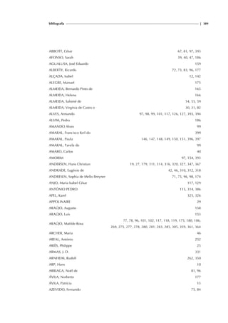 bibliografia | 389
ABBOTT, César 67, 81, 97, 393
AFONSO, Sarah 39, 40, 47, 186
AGUALUSA, José Eduardo 159
ALBERTY, Ricardo 72, 73, 83, 96, 177
ALÇADA, Isabel 12, 142
ALEGRE, Manuel 175
ALMEIDA, Bernardo Pinto de 165
ALMEIDA, Helena 166
ALMEIDA, Salomé de 54, 55, 59
ALMEIDA, Virgínia de Castro e 30, 31, 82
ALVES, Armando 97, 98, 99, 101, 117, 126, 127, 393, 394
ALVIM, Pedro 186
AMANDO Alves 99
AMARAL, Francisco Keil do 399
AMARAL, Paula 146, 147, 148, 149, 150, 151, 396, 397
AMARAL, Tarsila do 99
AMARO, Carlos 40
AMORIM 97, 154, 393
ANDERSEN, Hans Christian 19, 27, 179, 311, 314, 316, 320, 327, 347, 367
ANDRADE, Eugénio de 42, 46, 310, 312, 318
ANDRESEN, Sophia de Mello Breyner 71, 75, 96, 98, 174
ANJO, Maria Isabel César 117, 129
ANTÓNIO PEDRO 115, 314, 386
APEL, Karel 325, 326
APPOLINAIRE 29
ARAÚJO, Augusto 158
ARAÚJO, Luís 153
ARAÚJO, Matilde Rosa
77, 78, 96, 101, 102, 117, 118, 119, 175, 180, 186,
269, 275, 277, 278, 280, 281, 283, 285, 305, 359, 361, 364
ARCHER, Maria 46
AREAL, António 252
ARIÈS, Philippe 25
ARMAS, J. D. 331
ARNHEIM, Rudolf 262, 350
ARP, Hans 10
ARRIAGA, Noël de 81, 96
ÁVILA, Norberto 177
ÁVILA, Patrícia 15
AZEVEDO, Fernando 75, 84
 