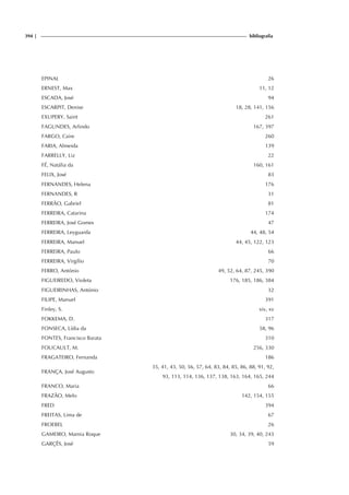 394 | bibliografia
EPINAL 26
ERNEST, Max 11, 12
ESCADA, José 94
ESCARPIT, Denise 18, 28, 141, 156
EXUPERY, Saint 261
FAGUNDES, Arlindo 167, 397
FARGO, Caire 260
FARIA, Almeida 139
FARRELLY, Liz 22
FÉ, Natália da 160, 161
FELIX, José 83
FERNANDES, Helena 176
FERNANDES, R 31
FERRÃO, Gabriel 81
FERREIRA, Catarina 174
FERREIRA, José Gomes 47
FERREIRA, Leyguarda 44, 48, 54
FERREIRA, Manuel 44, 45, 122, 123
FERREIRA, Paulo 66
FERREIRA, Virgílio 70
FERRO, António 49, 52, 64, 87, 245, 390
FIGUEIREDO, Violeta 176, 185, 186, 384
FIGUEIRINHAS, António 32
FILIPE, Manuel 391
Finley, S. xiv, xv
FOKKEMA, D. 317
FONSECA, Lídia da 58, 96
FONTES, Francisco Barata 310
FOUCAULT, M. 256, 330
FRAGATEIRO, Fernanda 186
FRANÇA, José Augusto
35, 41, 43, 50, 56, 57, 64, 83, 84, 85, 86, 88, 91, 92,
93, 113, 114, 136, 137, 138, 163, 164, 165, 244
FRANCO, Maria 66
FRAZÃO, Melo 142, 154, 155
FRED 394
FREITAS, Lima de 67
FROEBEL 26
GAMEIRO, Mamia Roque 30, 34, 39, 40, 243
GARÇÊS, José 59
 