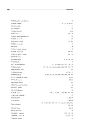 400 | bibliografia
PEDREIRA, Maria do Rosário 146
PEDRO, António 51, 52, 56, 66, 83
PEDROSA, Inês 44
PÉGASO, Elsa 15
PENNAC, Daniel 3, 22
PÉON, Victor 59, 111
PEREIRA, João Castel-Branco 259
PERNES, Fernando 87
PERRAULT, Charles 25, 363
PESSOA, Fernando 9
Pestalozzi 26
PESTANA, Maria Antónia 5
PEYNET, Raymond 104, 393
PHILLPOT, Clive Phillpot 169, 170
PICASSO, Pablo
PICASSO, Pablo 6, 12, 79, 320
PIMENTEL, Rui 45
PINA, Manuel António 117, 129, 158, 175, 177, 179, 325
PINHÃO, Carlos 117, 130, 142, 147, 148, 149, 154, 155, 156, 157
PINHARANDA, João 165
PINHEIRO, Costa 92, 94, 139
PINHEIRO, Jorge 95, 96, 98, 119, 120, 126, 127, 183, 184, 394
PINTO, Cândido da Costa 52, 67
PINTO, Roussado 59, 83
PIRES, José Cardoso 67
PIRES, Maria da Natividade 32
PISSARRA, Isabel 397
POLLOCK, Jackson 15
POMAR, Júlio 44, 53, 55, 65, 67, 92, 180, 186, 391
PORTINARI, Cândido 15
POSSOZ, Milly 34, 35, 66
POTT, Carla 13, 45, 46
PRAÇA, Leonor
44, 45, 97, 101, 103, 104, 117, 122, 123, 130, 136,
393, 394
PREGO, Motta 28, 32
PROPP, Vladimir 321
QUADROS, António 117, 130, 131
QUENTAL, Antero de 13, 27, 174
QUENTAL, Joana 33
 