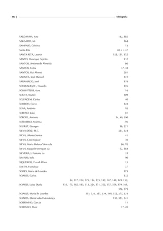 402 | bibliografia
SALDANHA, Ana 182, 185
SALGADO, M. 164
SAMPAIO, Cristina 13
Santa-Rita 40, 41, 47
SANTA-RITA, Leonor 133, 151, 152
SANTO, Henrique Espírito 132
SANTOS, António de Almeida 80
SANTOS, Fedra 37, 38
SANTOS, Rui Afonso 281
SARAIVA, José Manuel 172
SARAMAGO, José 139
SCHWALBACH, Eduardo 176
SCHWITTERS, Kurt 10
SCOTT, Walter 109
SELVAGEM, Carlos 40
SEMEDO, Curvo 128
SENA, António 95
SERENO, João 81
SÉRGIO, António 34, 40, 390
SETEMBRO, Noémia 96
SEURAT, Georges 16, 271
SILVA-DÍAZ, M.C. 323, 324
SILVA, Alonso Santos 41
SILVA, Conceição e 30
SILVA, Maria Helena Vieira da 86, 95
SILVA, Raquel Henriques da 52, 164
SILVEIRA, J. Fontana da 33
SIM SIM, Inês 90
SIQUEIROS, David Alfaro 15
SMITH, Francisco 37
SOAES, Maria de Lourdes 375
SOARES, Carlos 132
SOARES, Luísa Ducla
34, 117, 124, 125, 134, 135, 142, 147, 148, 149, 150,
151, 175, 182, 183, 313, 324, 351, 352, 357, 358, 359, 361,
376, 379
SOARES, Maria de Lourdes 313, 326, 337, 339, 349, 352, 377, 378
SOARES, Maria Isabel Mendonça 130, 323, 341
SOBRINHO, Garcia 11
SORIANO, Marc 17, 20
 