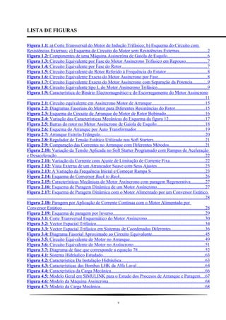 LISTA DE FIGURAS
Figura 1.1: a) Corte Transversal do Motor de Indução Trifásico; b) Esquema do Circuito com
Resistências Externas; c) Esquema de Circuito do Motor sem Resistências Externas........................2
Figura 1.2: Componentes de uma Máquina Assincróna de Gaiola de Esquilo...................................6
Figura 1.3: Circuito Equivalente por Fase do Motor Assíncrono Trifasico em Repouso...................7
Figura 1.4: Circuito Equivalente por Fase do Rotor...........................................................................7
Figura 1.5: Circuito Equivalente do Rotor Referido à Frequência do Estator....................................8
Figura 1.6: Circuito Equivalente Exacto do Motor Assincrono por Fase...........................................8
Figura 1.7: Circuito Equivalente Exacto do Motor Assíncrono com Separação da Potencia.............9
Figura 1.8: Circuito Equivalente tipo L do Motor Assincrono Trifásico............................................9
Figura 1.9: Característica do Binário Electromagnético e do Escorregamento do Motor Assincrono
............................................................................................................................................................11
Figura 2.1: Circuito equivalente em Assincrono Motor de Arranque...............................................15
Figura 2.2: Diagramas Fasoriais do Motor para Diferentes Resistências do Rotor..........................15
Figura 2.3: Esquema do Circuito de Arranque do Motor de Rotor Bobinado..................................16
Figura 2.4: Variação das Características Mecânicas do Esquema da figura 12................................17
Figura 2.5: Barras do rotor no Motor Assíncrono de Gaiola de Esquilo..........................................18
Figura 2.6: Esquema do Arranque por Auto Transformador............................................................19
Figura 2.7: Arranque Estrela-Triângulo............................................................................................20
Figura 2.8: Regulador de Tensão Estático Utilizado nos Soft Starters.............................................21
Figura 2.9: Comparação das Correntes no Arranque com Diferentes Métodos...............................21
Figura 2.10: Variação da Tensão Aplicada no Soft Starter Programado com Rampas de Aceleração
e Desaceleração..................................................................................................................................22
Figura 2.11: Variação da Corrente com Ajuste de Limitação de Corrente Fixa...............................22
Figura 2.12: Vista Externa de um Arrancador Suave com Seus Ajustes..........................................23
Figura 2.13: A Variação da Frequência Inicial e Começar Rampa S...............................................23
Figura 2.14: Esquema do Conversor Back to Back...........................................................................26
Figura 2.15: Características Mecânicas do Motor Assíncrono com paragem Regenerativa............27
Figura 2.16: Esquema de Paragem Dinâmica de um Motor Assíncrono..........................................27
Figura 2.17: Esquema de Paragem Dinâmica com o Motor Alimentado por um Conversor Estático.
............................................................................................................................................................28
Figura 2.18: Paragem por Aplicação de Corrente Contínua com o Motor Alimentado por
Conversor Estático.............................................................................................................................28
Figura 2.19: Esquema de paragem por Inverso.................................................................................29
Figura 3.1: Corte Transversal Esquemático do Motor Assíncrono...................................................30
Figura 3.2: Vector Espacial Trifásico...............................................................................................34
Figura 3.3: Vector Espacial Trifásico em Sistemas de Coordenadas Diferentes..............................36
Figura 3.4: Diagrama Fasorial Aproximado ao Circuito Equivalente..............................................45
Figura 3.5: Circuito Equivalente do Motor no Arranque..................................................................49
Figura 3.6: Circuito Equivalente do Motor no Assíncrono...............................................................51
Figura 3.7: Diagrama de fase que corresponde a equação 78...........................................................52
Figura 4.1: Sistema Hidráulico Estudado.........................................................................................63
Figura 4.2: Característica Da Instalação Hidráulica.........................................................................63
Figura 4.3: Características das Bombas LHK da Alfa Laval............................................................64
Figura 4.4: Característica da Carga Mecânica..................................................................................66
Figura 4.5: Modelo Geral em SIMULINK para o Estudo dos Procesos de Arranque e Paragem....67
Figura 4.6: Modelo da Máquina Assíncrona.....................................................................................68
Figura 4.7: Modelo da Carga Mecânica............................................................................................68
v
 