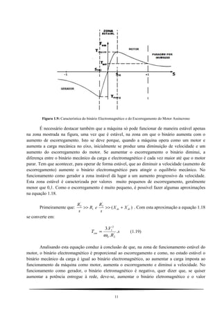 Figura 1.9: Característica do binário Electromagnético e do Escorregamento do Motor Assíncrono
É necessário destacar também que a máquina só pode funcionar de maneira estável apenas
na zona mostrada na figura, uma vez que é estável, na zona em que o binário aumenta com o
aumento de escorregamento. Isto se deve porque, quando a máquina opera como um motor e
aumenta a carga mecânica no eixo, inicialmente se produz uma diminuição de velocidade e um
aumento do escorregamento do motor. Se aumentar o escorregamento o binário diminui, a
diferença entre o binário mecânico da carga e electromagnético é cada vez maior até que o motor
parar. Tem que acontecer, para operar de forma estável, que ao diminuir a velocidade (aumento de
escorregamento) aumente o binário electromagnético para atingir o equilíbrio mecânico. No
funcionamento como gerador a zona instável dá lugar a um aumento progressivo da velocidade.
Esta zona estável é caracterizada por valores muito pequenos de escorregamento, geralmente
menor que 0,1. Como o escorregamento é muito pequeno, é possível fazer algumas aproximações
na equação 1.18.
Primeiramente que: )( '
'
2
1
'
2
drds XX
s
R
eR
s
R
+>>>> . Com esta aproximação a equação 1.18
se converte em:
s
R
V
T
S
em .
.
.3
'
2
2
1
ω
≈ (1.19)
Analisando esta equação conduz à conclusão de que, na zona de funcionamento estável do
motor, o binário electromagnético é proporcional ao escorregamento e como, no estado estável o
binário mecânico da carga é igual ao binário electromagnético, ao aumentar a carga imposta ao
funcionamento da máquina como motor, aumenta o escorregamento e diminui a velocidade. No
funcionamento como gerador, o binário eletromagnético é negativo, quer dizer que, se quiser
aumentar a potência entregue à rede, deve-se, aumentar o binário eletromagnético e o valor
11
 