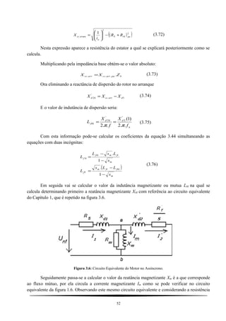 ( )( )2
2
.
1
purkS
a
arrpucc RR
i
X +−





= (3.72)
Nesta expressão aparece a resistência do estator a qual se explicará posteriormente como se
calcula.
Multiplicando pela impedância base obtém-se o valor absoluto:
bpuarrccarrcc ZXX .... = (3.73)
Ora eliminando a reactância de dispersão do rotor no arranque
1.
'
2 darrcckd XXX −= (3.74)
E o valor de indutância de dispersão seria:
n
dkd
frk
f
X
f
X
L
..2
)1(
..2
'
2
'
2
ππ
== (3.75)
Com esta informação pode-se calcular os coeficientes da equação 3.44 simultaneando as
equações com duas incógnitas:
( )
m
frkfrm
fV
m
frmfrk
f
s
LLs
L
s
LsL
L
−
−
=
−
−
=
1
.
1
.
0
(3.76)
Em seguida vai se calcular o valor da indutância magnetizante ou mutua LM na qual se
calcula determinando primeiro a reatância magnetizante XM com referência ao circuito equivalente
do Capítulo 1, que é repetido na figura 3.6.
Figura 3.6: Circuito Equivalente do Motor no Assíncrono.
Seguidamente passa-se a calcular o valor da reatância magnetizante Xm é a que corresponde
ao fluxo mútuo, por ela circula a corrente magnetizante Im como se pode verificar no circuito
equivalente da figura 1.6. Observando este mesmo circuito equivalente e considerando a resistência
52
 