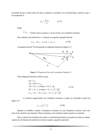 de perdas de aço é muito maior do que a reatância e, portanto vai ser desprezada, conclui-se que a
sua expressão é:
m
abn
m
I
U
X = (3.77)
Onde:
abnU
– Tensão entre os pontos a e b do circuito em condições nominais.
Para calcular esta tensão deve - se basear na seguinte equação fasorial:
)..( 1dSnnfabn XjRIUU +−= (3.78)
A equação fasorial 78 corresponde ao diagrama fasorial da figura 3.7.
Figura 3.7: Diagrama de Fase que Corresponde a Equação 78.
Neste diagrama fasorial verifica-se que:
2
2
1....
1..)(..
..)cos(..
nnSnnSnabn
nnSnnS
nnSnnS
abn
n
fpIXfpIRUU
fpIXsenIXBC
fpIRIRAB
UODOA
UOC
−−−≈
−=≈
=≈
=≈
=
ϕ
ϕ
(3.79)
A corrente magnetizante em condições nominais Im pode ser calculada a partir da
figura 3.4.
22
rnnm III −= (3.80)
Quando se trabalha a tensão e frequência constante ou com frequência variável, mas com
uma lei de controlo que mantém o fluxo constante, esta reactância pode assumir-se constante.
Para o cálculo da resistência do estator se determinará primeiro as perdas de cobre no estator
a partir de um balanço de potência no motor usando a seguinte expressão:
53
 