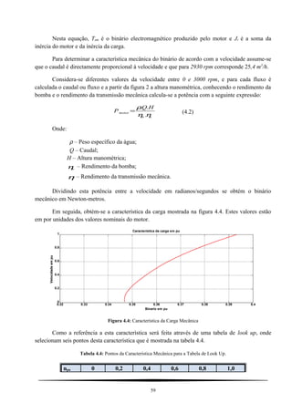 Nesta equação, Tem é o binário electromagnético produzido pelo motor e Jt é a soma da
inércia do motor e da inércia da carga.
Para determinar a característica mecânica do binário de acordo com a velocidade assume-se
que o caudal é directamente proporcional à velocidade e que para 2930 rpm corresponde 25,4 m3
/h.
Considera-se diferentes valores da velocidade entre 0 e 3000 rpm, e para cada fluxo é
calculada o caudal ou fluxo e a partir da figura 2 a altura manométrica, conhecendo o rendimento da
bomba e o rendimento da transmissão mecânica calcula-se a potência com a seguinte expressão:
tb
motor
HQ
P
ηη
ρ
.
..
= (4.2)
Onde:
ρ – Peso específico da água;
Q – Caudal;
H – Altura manométrica;
bη – Rendimento da bomba;
tη – Rendimento da transmissão mecânica.
Dividindo esta potência entre a velocidade em radianos/segundos se obtém o binário
mecânico em Newton-metros.
Em seguida, obtém-se a característica da carga mostrada na figura 4.4. Estes valores estão
em por unidades dos valores nominais do motor.
0.32 0.33 0.34 0.35 0.36 0.37 0.38 0.39 0.4
0
0.2
0.4
0.6
0.8
1
Binario em pu
Velocidadeempu
Caracteristica da carga em pu
Figura 4.4: Característica da Carga Mecânica
Como a referência a esta característica será feita através de uma tabela de look up, onde
selecionam seis pontos desta característica que é mostrada na tabela 4.4.
Tabela 4.4: Pontos da Característica Mecânica para a Tabela de Look Up.
npu 0 0,2 0,4 0,6 0,8 1,0
59
 