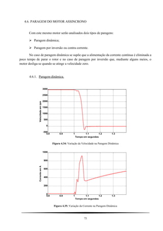4.6. PARAGEM DO MOTOR ASSINCRONO
Com este mesmo motor serão analisados dois tipos de paragens:
 Paragem dinâmica;
 Paragem por inversão ou contra corrente.
No caso de paragem dinâmica se supõe que a alimentação da corrente contínua é eliminada a
poco tempo de parar o rotor e no caso de paragem por inversão que, mediante alguns meios, o
motor desliga-se quando se atinge a velocidade zero.
4.6.1. Paragem dinâmica.
0.8 0.9 1 1.1 1.2 1.3
-500
0
500
1000
1500
2000
2500
3000
Tempo em segundos
Velocidadeemrpm
Figura 4.34: Variação da Velocidade na Paragem Dinâmica
0.8 0.9 1 1.1 1.2 1.3
0
200
400
600
800
1000
Tempo em segundos
CorrenteemA
Figura 4.35: Variação da Corrente na Paragem Dinâmica
75
 
