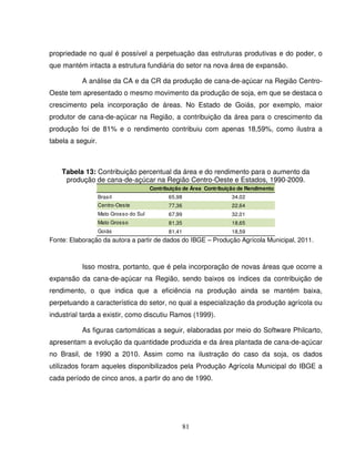 81
propriedade no qual é possível a perpetuação das estruturas produtivas e do poder, o
que mantém intacta a estrutura fundiária do setor na nova área de expansão.
A análise da CA e da CR da produção de cana-de-açúcar na Região Centro-
Oeste tem apresentado o mesmo movimento da produção de soja, em que se destaca o
crescimento pela incorporação de áreas. No Estado de Goiás, por exemplo, maior
produtor de cana-de-açúcar na Região, a contribuição da área para o crescimento da
produção foi de 81% e o rendimento contribuiu com apenas 18,59%, como ilustra a
tabela a seguir.
Tabela 13: Contribuição percentual da área e do rendimento para o aumento da
produção de cana-de-açúcar na Região Centro-Oeste e Estados, 1990-2009.
Contribuição de Área Contribuição de Rendimento
Brasil 65,98 34,02
Centro-Oeste 77,36 22,64
Mato Grosso do Sul 67,99 32,01
Mato Grosso 81,35 18,65
Goiás 81,41 18,59
Fonte: Elaboração da autora a partir de dados do IBGE – Produção Agrícola Municipal, 2011.
Isso mostra, portanto, que é pela incorporação de novas áreas que ocorre a
expansão da cana-de-açúcar na Região, sendo baixos os índices da contribuição de
rendimento, o que indica que a eficiência na produção ainda se mantém baixa,
perpetuando a característica do setor, no qual a especialização da produção agrícola ou
industrial tarda a existir, como discutiu Ramos (1999).
As figuras cartomáticas a seguir, elaboradas por meio do Software Philcarto,
apresentam a evolução da quantidade produzida e da área plantada de cana-de-açúcar
no Brasil, de 1990 a 2010. Assim como na ilustração do caso da soja, os dados
utilizados foram aqueles disponibilizados pela Produção Agrícola Municipal do IBGE a
cada período de cinco anos, a partir do ano de 1990.
 