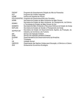 xvi
PADAP Programa de Assentamento Dirigido do Alto do Paranaíba
PCI Programa de Crédito Integrado
PGMP Política de Garantia de Preços
POLOCENTRO Programa de Desenvolvimento dos Cerrados
SEMA Secretaria de Estado do Meio Ambiente de Mato Grosso
SEMAC
Secretaria de Estado de Meio Ambiente, do Planejamento, da Ciência
e Tecnologia do Estado de Mato Grosso do Sul
SEMARH Secretaria de Meio Ambiente e Recursos Hídricos do Estado de Goiás
SEPLAN Secretaria de Estado de Gestão e Planejamento de Goiás
SEPROTUR
Secretaria de Estado de Desenvolvimento Agrário, da Produção, da
Indústria, do Comércio e do Turismo
SIF Serviço de Inspeção Federal
SISE Serviço de Inspeção Sanitária Estadual
SUDAM Superintendência de Desenvolvimento da Amazônia
T Toneladas
UA Unidade Animal
UNESCO Organização das Nações Unidas para Educação, a Ciência e a Cultura
ZEE Zoneamento Econômico-Ecológico
 