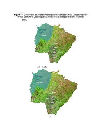 191
Figura 10: Crescimento do setor sucroenergético no Estado de Mato Grosso do Sul de
2005 a 2011/2012. Localização das instalações e proteção do Bioma Pantanal.
2005
2011/2012
 
