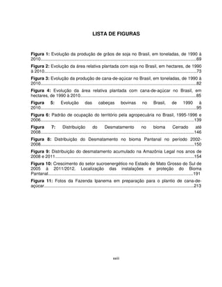 xxiii
LISTA DE FIGURAS
Figura 1: Evolução da produção de grãos de soja no Brasil, em toneladas, de 1990 à
2010.................................................................................................................................69
Figura 2: Evolução da área relativa plantada com soja no Brasil, em hectares, de 1990
à 2010..............................................................................................................................73
Figura 3: Evolução da produção de cana-de-açúcar no Brasil, em toneladas, de 1990 à
2010.................................................................................................................................82
Figura 4: Evolução da área relativa plantada com cana-de-açúcar no Brasil, em
hectares, de 1990 à 2010................................................................................................85
Figura 5: Evolução das cabeças bovinas no Brasil, de 1990 à
2010.................................................................................................................................95
Figura 6: Padrão de ocupação do território pela agropecuária no Brasil, 1995-1996 e
2006...............................................................................................................................139
Figura 7: Distribuição do Desmatamento no bioma Cerrado até
2008...............................................................................................................................146
Figura 8: Distribuição do Desmatamento no bioma Pantanal no período 2002-
2008...............................................................................................................................150
Figura 9: Distribuição do desmatamento acumulado na Amazônia Legal nos anos de
2008 e 2011...................................................................................................................154
Figura 10: Crescimento do setor sucroenergético no Estado de Mato Grosso do Sul de
2005 à 2011/2012. Localização das instalações e proteção do Bioma
Pantanal........................................................................................................................191
Figura 11: Fotos da Fazenda Ipanema em preparação para o plantio de cana-de-
açúcar............................................................................................................................213
 
