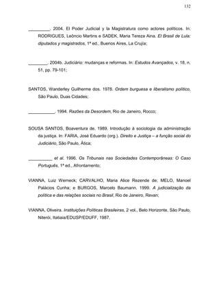 132
_________. 2004. El Poder Judicial y la Magistratura como actores políticos. In:
RODRIGUES, Leôncio Martins e SADEK, Maria Tereza Aina. El Brasil de Lula:
diputados y magistrados, 1ª ed., Buenos Aires, La Crujía;
________. 2004b. Judiciário: mudanças e reformas. In: Estudos Avançados, v. 18, n.
51, pp. 79-101;
SANTOS, Wanderley Guilherme dos. 1978. Ordem burguesa e liberalismo político,
São Paulo, Duas Cidades;
___________. 1994. Razões da Desordem, Rio de Janeiro, Rocco;
SOUSA SANTOS, Boaventura de. 1989. Introdução à sociologia da administração
da justiça. In: FARIA, José Eduardo (org.). Direito e Justiça – a função social do
Judiciário, São Paulo, Ática;
__________ et al. 1996. Os Tribunais nas Sociedades Contemporâneas: O Caso
Português, 1ª ed., Afrontamento;
VIANNA, Luiz Werneck; CARVALHO, Maria Alice Rezende de; MELO, Manoel
Palácios Cunha; e BURGOS, Marcelo Baumann. 1999. A judicialização da
política e das relações sociais no Brasil, Rio de Janeiro, Revan;
VIANNA, Oliveira. Instituições Políticas Brasileiras, 2 vol., Belo Horizonte, São Paulo,
Niterói, Itatiaia/EDUSP/EDUFF, 1987.
 
