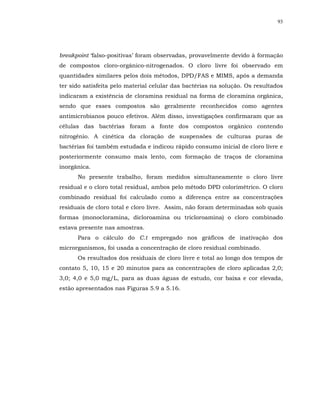 93




breakpoint ‘falso-positivas’ foram observadas, provavelmente devido à formação
de compostos cloro-orgânico-nitrogenados. O cloro livre foi observado em
quantidades similares pelos dois métodos, DPD/FAS e MIMS, após a demanda
ter sido satisfeita pelo material celular das bactérias na solução. Os resultados
indicaram a existência de cloramina residual na forma de cloramina orgânica,
sendo que esses compostos são geralmente reconhecidos como agentes
antimicrobianos pouco efetivos. Além disso, investigações confirmaram que as
células das bactérias foram a fonte dos compostos orgânico contendo
nitrogênio. A cinética da cloração de suspensões de culturas puras de
bactérias foi também estudada e indicou rápido consumo inicial de cloro livre e
posteriormente consumo mais lento, com formação de traços de cloramina
inorgânica.
      No presente trabalho, foram medidos simultaneamente o cloro livre
residual e o cloro total residual, ambos pelo método DPD colorimétrico. O cloro
combinado residual foi calculado como a diferença entre as concentrações
residuais de cloro total e cloro livre. Assim, não foram determinadas sob quais
formas (monocloramina, dicloroamina ou tricloroamina) o cloro combinado
estava presente nas amostras.
      Para o cálculo do C.t empregado nos gráficos de inativação dos
microrganismos, foi usada a concentração de cloro residual combinado.
      Os resultados dos residuais de cloro livre e total ao longo dos tempos de
contato 5, 10, 15 e 20 minutos para as concentrações de cloro aplicadas 2,0;
3,0; 4,0 e 5,0 mg/L, para as duas águas de estudo, cor baixa e cor elevada,
estão apresentados nas Figuras 5.9 a 5.16.
 