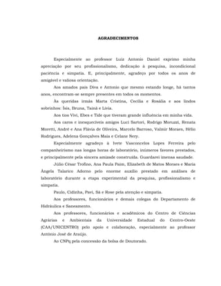 AGRADECIMENTOS




      Especialmente ao professor Luiz Antonio Daniel exprimo minha
apreciação por seu profissionalismo, dedicação à pesquisa, incondicional
paciência e simpatia. E, principalmente, agradeço por todos os anos de
amigável e valiosa orientação.
      Aos amados pais Diva e Antonio que mesmo estando longe, há tantos
anos, encontram-se sempre presentes em todos os momentos.
      Às queridas irmãs Marta Cristina, Cecília e Rosália e aos lindos
sobrinhos: Ísis, Bruna, Tainã e Livia.
      Aos tios Vivi, Ebes e Tide que tiveram grande influência em minha vida.
      Aos caros e inesquecíveis amigos Luci Sartori, Rodrigo Moruzzi, Renata
Moretti, André e Ana Flávia de Oliveira, Marcelo Barroso, Valmir Moraes, Hélio
Rodrigues, Adelena Gonçalves Maia e Celane Nery.
      Especialmente agradeço à Ivete Vasconcelos Lopes Ferreira pelo
companheirismo nas longas horas de laboratório, inúmeros favores prestados,
e principalmente pela sincera amizade construída. Guardarei imensa saudade.
      Júlio César Trofino, Ana Paula Paim, Elizabeth de Matos Moraes e Maria
Ângela Talarico Adorno pelo enorme auxílio prestado em análises de
laboratório durante a etapa experimental da pesquisa, profissionalismo e
simpatia.
      Paulo, Cidinha, Pavi, Sá e Rose pela atenção e simpatia.
      Aos professores, funcionários e demais colegas do Departamento de
Hidráulica e Saneamento.
      Aos professores, funcionários e acadêmicos do Centro de Ciências
Agrárias    e   Ambientais   da   Universidade   Estadual   do   Centro-Oeste
(CAA/UNICENTRO) pelo apoio e colaboração, especialmente ao professor
Antônio José de Araújo.
      Ao CNPq pela concessão da bolsa de Doutorado.
 
