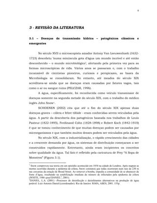 8




3 - REVISÃO DA LITERATURA

3.1    –     Doenças    de    transmissão        hídrica      –   patogênicos       clássicos      e
emergentes


           No século XVII o microscopista amador Antony Van Leeuwenhoek (1632-
1723) descobriu ‘numa minúscula gota d’água um mundo incrível e até então
desconhecido – o mundo microbiológico’, alertando pela primeira vez para as
formas microscópicas de vida. Vários anos se passaram e, com o trabalho
incansável de cientistas pioneiros, curiosos e perspicazes, as bases da
Microbiologia se consolidaram. No entanto, até meados do século XIX
acreditava-se ainda que as doenças eram causadas por fatores vagos, tais
como o ar ou sangue ruins (PELCZAR, 1996).
           A água, especificamente, foi reconhecida como veículo transmissor de
doenças somente na segunda metade do século XIX, com o trabalho do médico
inglês John Snow1.
           SCHOENEN (2002) cita que até o fim do século XIX apenas duas
doenças graves – cólera e febre tifóide - eram conhecidas serem veiculadas pela
água. A partir da descoberta dos patogênicos baseada nos trabalhos de Louis
Pasteur (1822-1895), Ferdinand Cohn (1828-1898) e Robert Koch (1842-1910)
é que se tomou conhecimento de que muitas doenças podem ser causadas por
microrganismos e que também muitos desses podem ser veiculados pela água.
           No século XIX, com a industrialização, o rápido crescimento das cidades
e a crescente demanda por água, os sistemas de distribuição começaram a ser
construídos rapidamente. Entretanto, ainda eram incipientes os conceitos
sobre qualidade da água. Tal fato é refletido pela caricatura de Prey “A Sopa de
Monstros” (Figura 3.1).

1
  Snow comprovou sua teoria em um episódio acontecido em 1854 na cidade de Londres. Após mapear as
mortes ocorridas durante a epidemia de cólera, Snow constatou que todas ocorreram num raio de 230 m
nas cercanias da estação de Broad Street. Ao remover a bomba, impediu a comunidade de se abastecer da
fonte d’água, resultando na estabilização imediata do número de infectados pela epidemia de cólera
(WHITE, 1986 apud DANIEL2, 2001).
2
  DANIEL, L.A. (2001) –Processos de desinfecção e desinfetantes alternativos na produção de água
potável. Luiz Antonio Daniel (coordenador). Rio de Janeiro: RiMA, ABES, 2001. 155p.
 