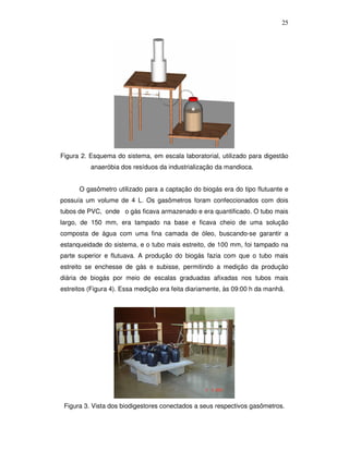 25

Figura 2. Esquema do sistema, em escala laboratorial, utilizado para digestão
anaeróbia dos resíduos da industrialização da mandioca.
O gasômetro utilizado para a captação do biogás era do tipo flutuante e
possuía um volume de 4 L. Os gasômetros foram confeccionados com dois
tubos de PVC, onde o gás ficava armazenado e era quantificado. O tubo mais
largo, de 150 mm, era tampado na base e ficava cheio de uma solução
composta de água com uma fina camada de óleo, buscando-se garantir a
estanqueidade do sistema, e o tubo mais estreito, de 100 mm, foi tampado na
parte superior e flutuava. A produção do biogás fazia com que o tubo mais
estreito se enchesse de gás e subisse, permitindo a medição da produção
diária de biogás por meio de escalas graduadas afixadas nos tubos mais
estreitos (Figura 4). Essa medição era feita diariamente, às 09:00 h da manhã.

Figura 3. Vista dos biodigestores conectados a seus respectivos gasômetros.

 