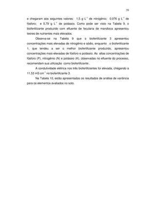 39
e chegaram aos seguintes valores: 1,5 g L-1 de nitrogênio; 0,076 g L-1 de
fósforo;

e 0,79 g L-1 de potássio. Como pode ser visto na Tabela 9, o

biofertilizante produzido com efluente de fecularia de mandioca apresentou
teores de nutrientes mais elevados.
Observa-se

na

Tabela

9

que

o

biofertilizante

3

apresentou

concentrações mais elevadas de nitrogênio e sódio, enquanto o biofertilizante
1, que tendeu a ser o melhor biofertilizante produzido, apresentou
concentrações mais elevadas de fósforo e potássio. As altas concentrações de
fósforo (P), nitrogênio (N) e potássio (K), observadas no efluente do processo,
recomendam sua utilização como biofertilizante..
A condutividade elétrica nos três biofertilizantes foi elevada, chegando a
11,53 mS cm-1 no biofertilizante 3.
Na Tabela 10, estão apresentados os resultados de análise de variância
para os elementos avaliados no solo.

 